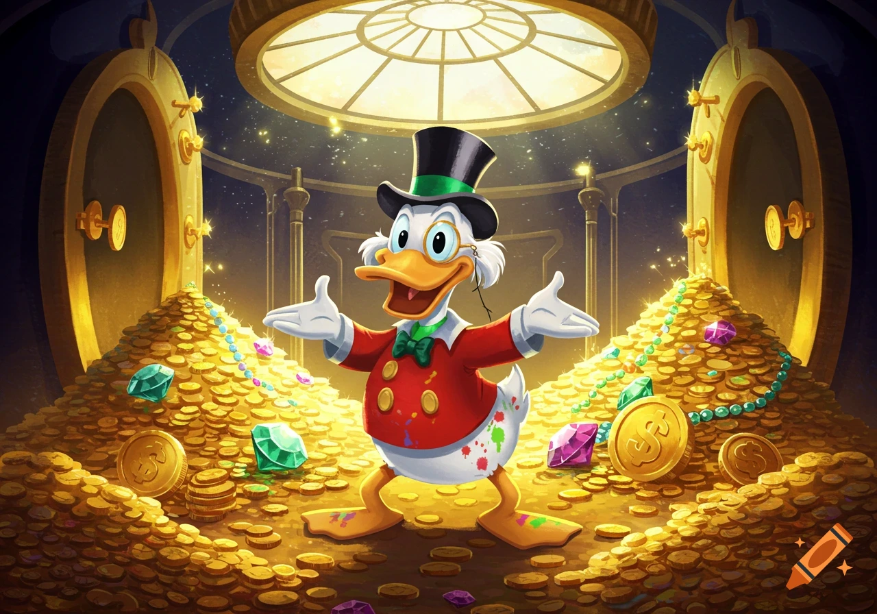 A joyful cartoon duck in a top hat and red coat stands with arms wide in a magnificent gold vault overflowing with coins and sparkling jewels.