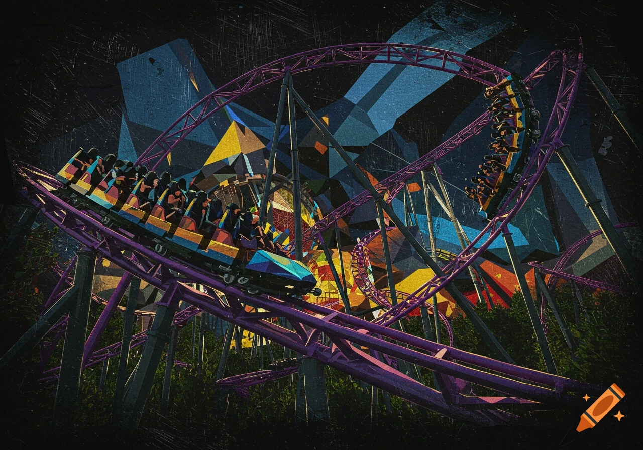 A cubist scratchboard style image of a purple roller coaster with multiple cars full of passengers on a dark background with geometric shapes.