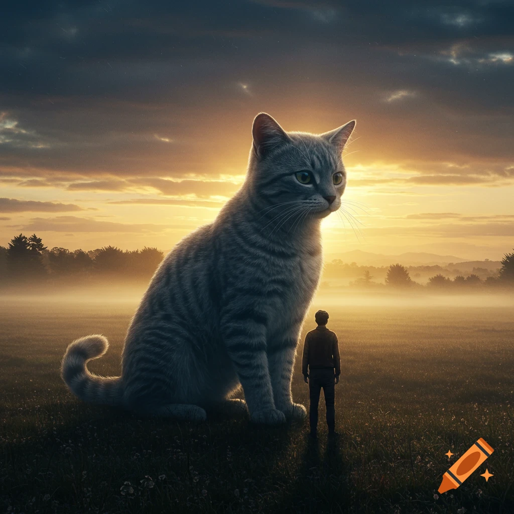A giant photorealistic tabby cat sits in a misty field at sunset, a small person stands nearby looking at it.