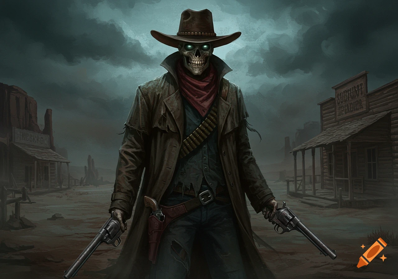 An undead skeletal gunslinger in a cowboy hat and trench coat stands in a dusty Western town under a stormy sky, holding two revolvers.