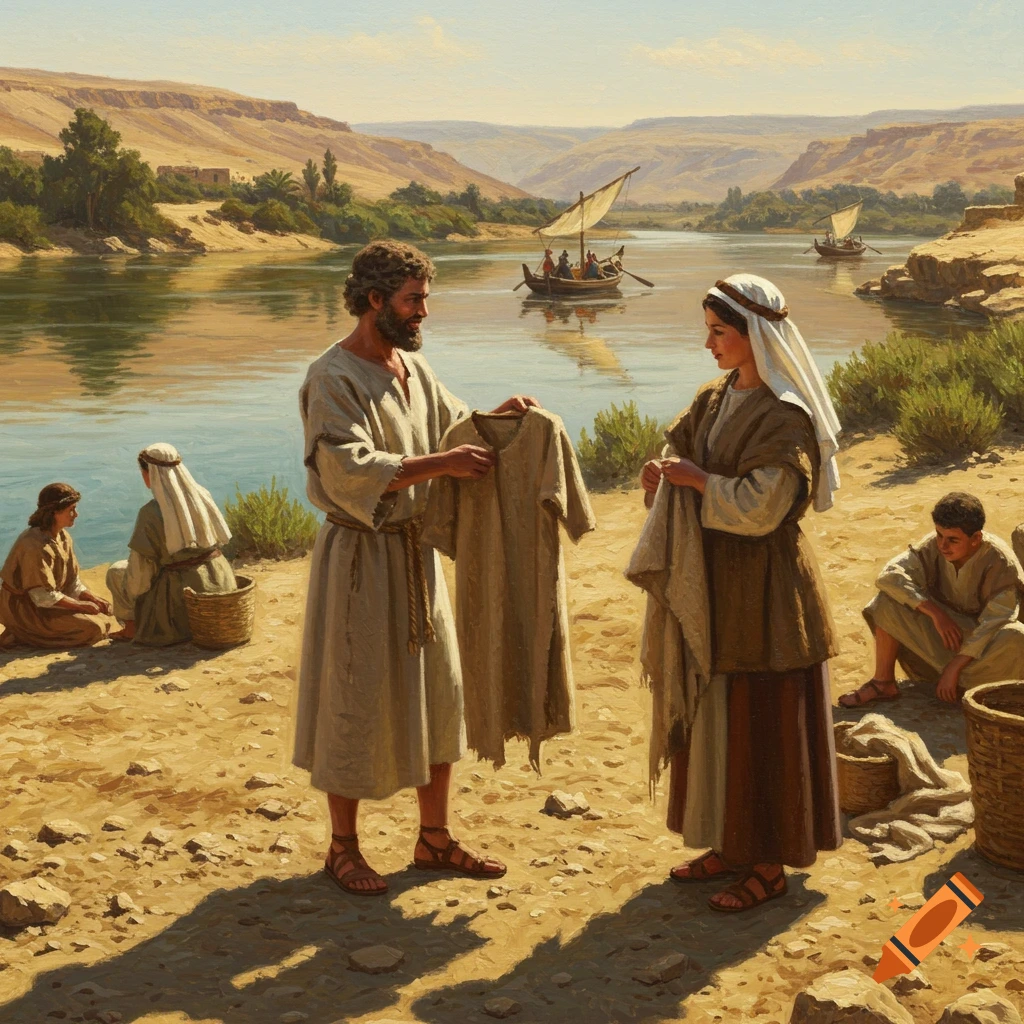 A man gives a robe to a woman by a river, with other figures and boats in a desert landscape painting.