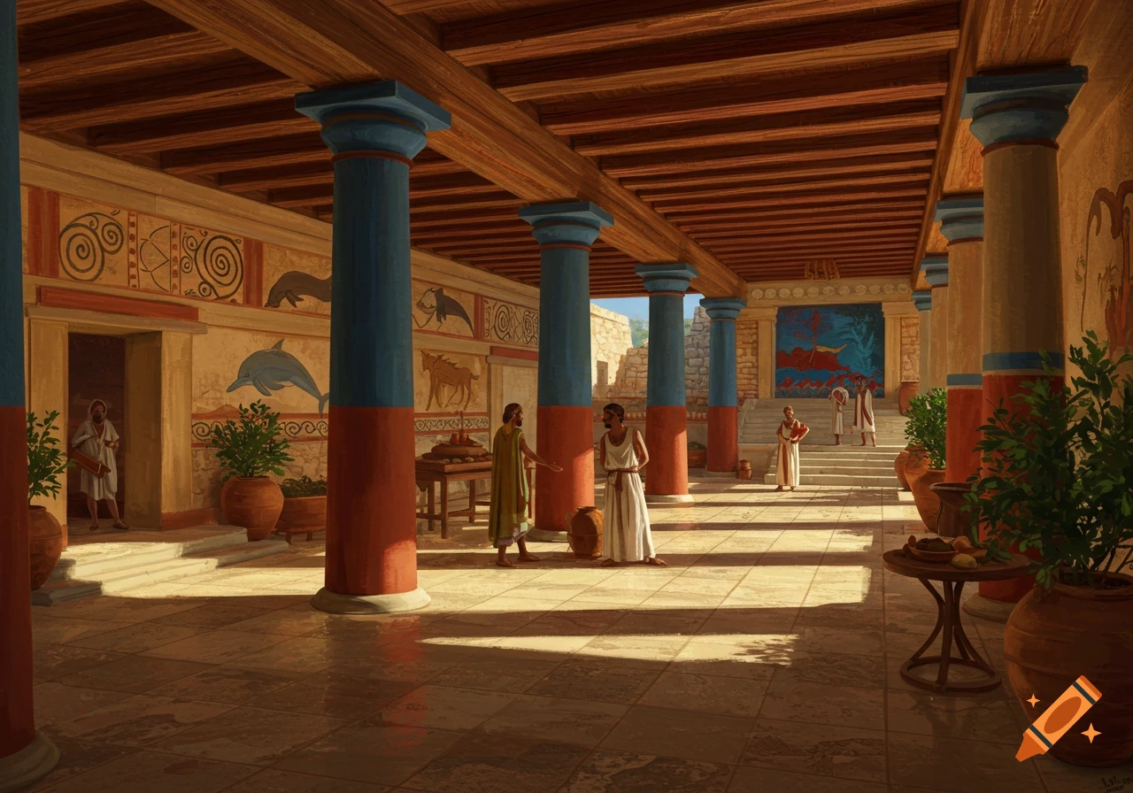 Minoan palace interior with large red and blue columns, ornate murals, and figures in ancient attire under a wooden ceiling.