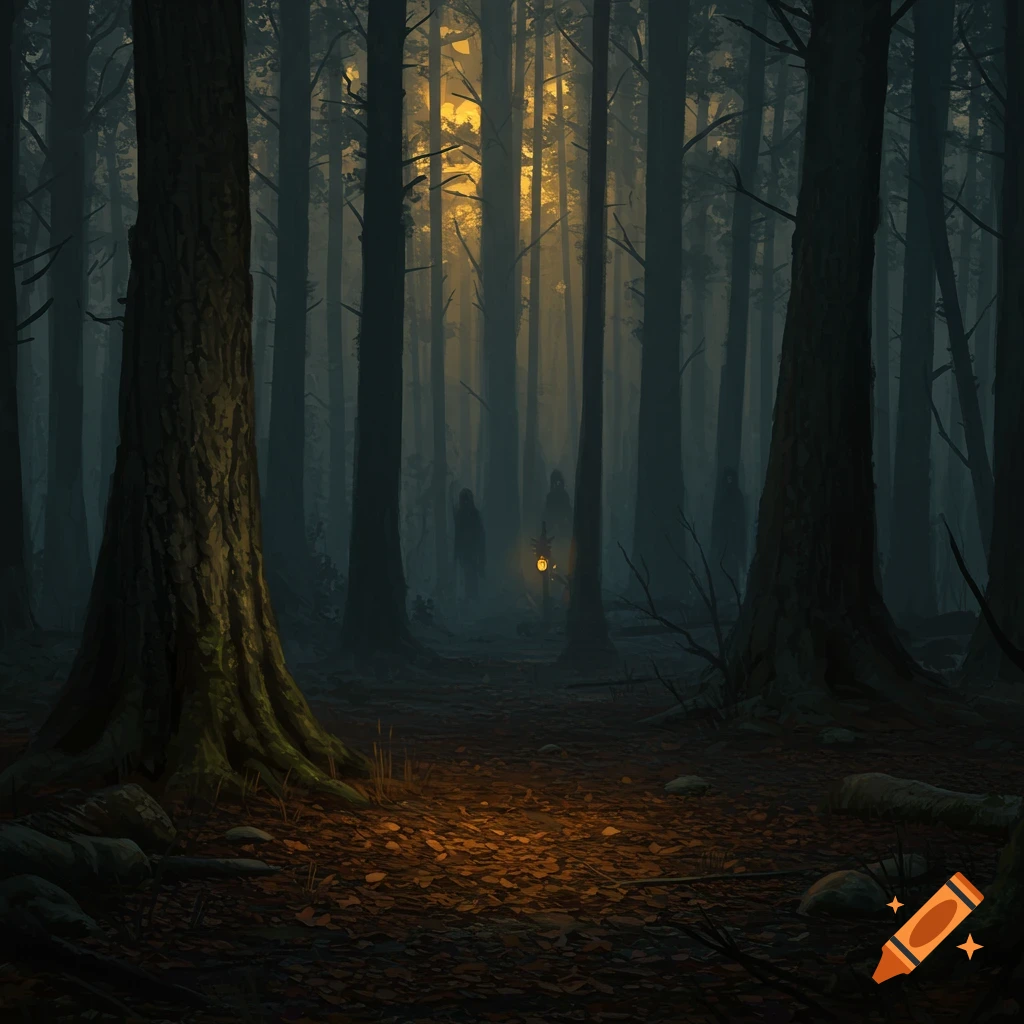 Dark, misty forest at dusk with tall trees, fallen leaves, a glowing lantern, and faint shadowy figures in the distance.
