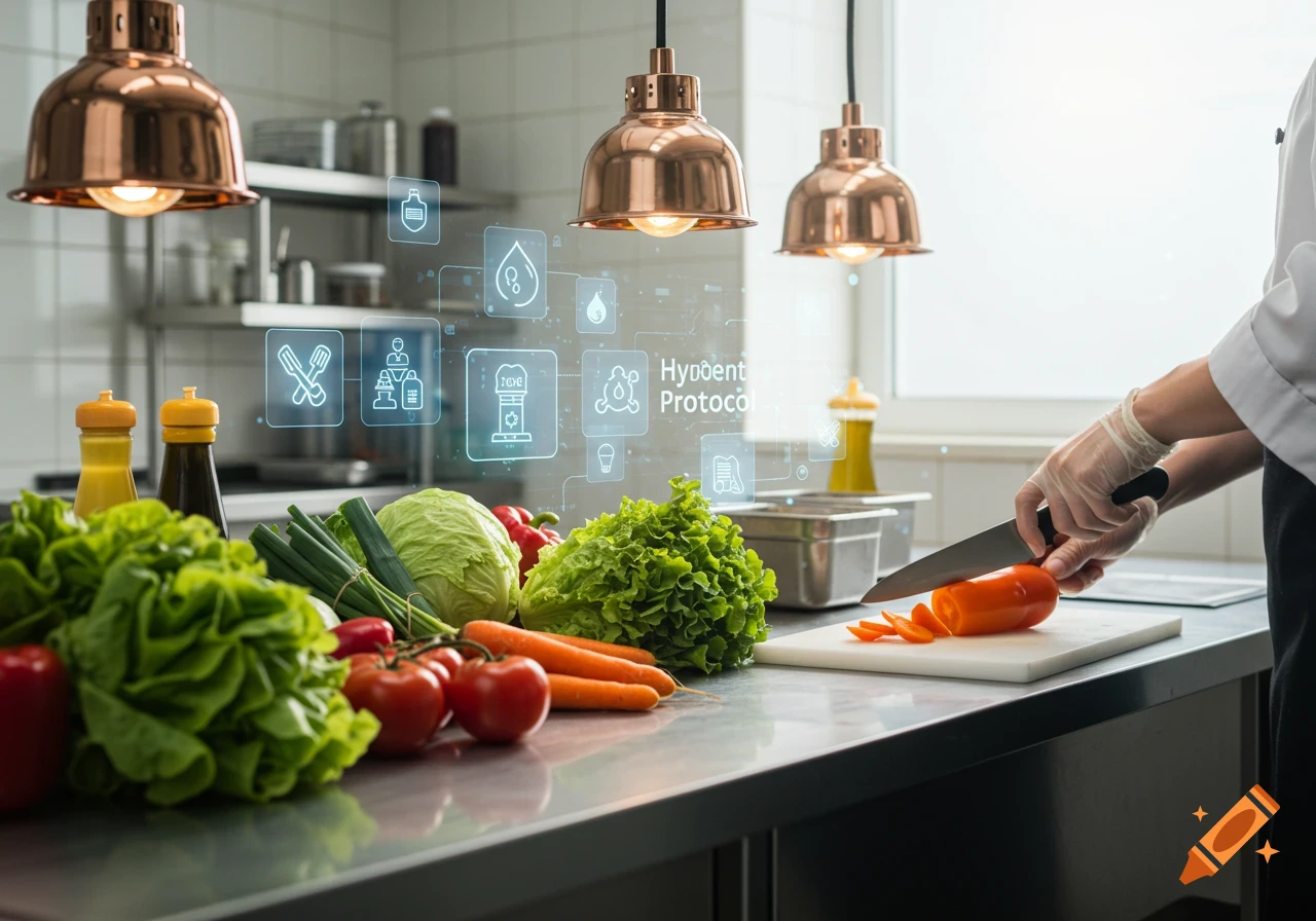 A chef wearing gloves is slicing an orange bell pepper on a cutting board in a professional kitchen, with a holographic overlay showing icons and 'Hydent Protocol' text.