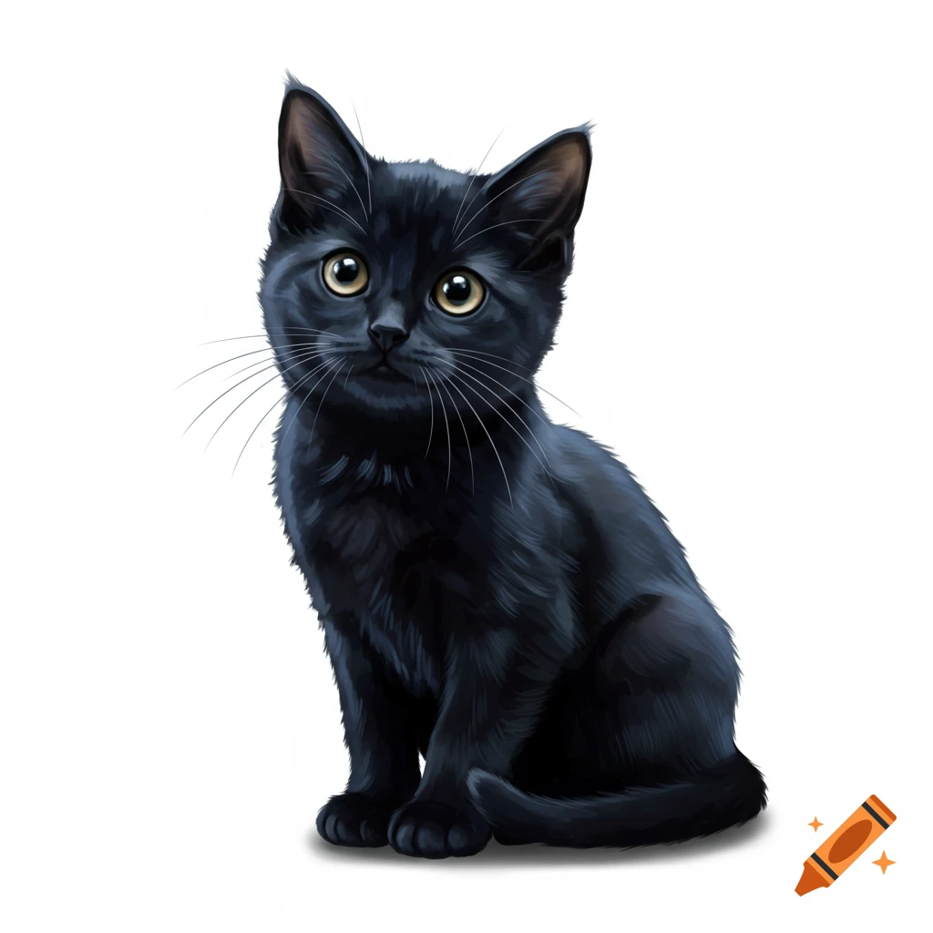 A cute black kitten with bright yellow eyes and prominent whiskers, digitally painted on a white background.