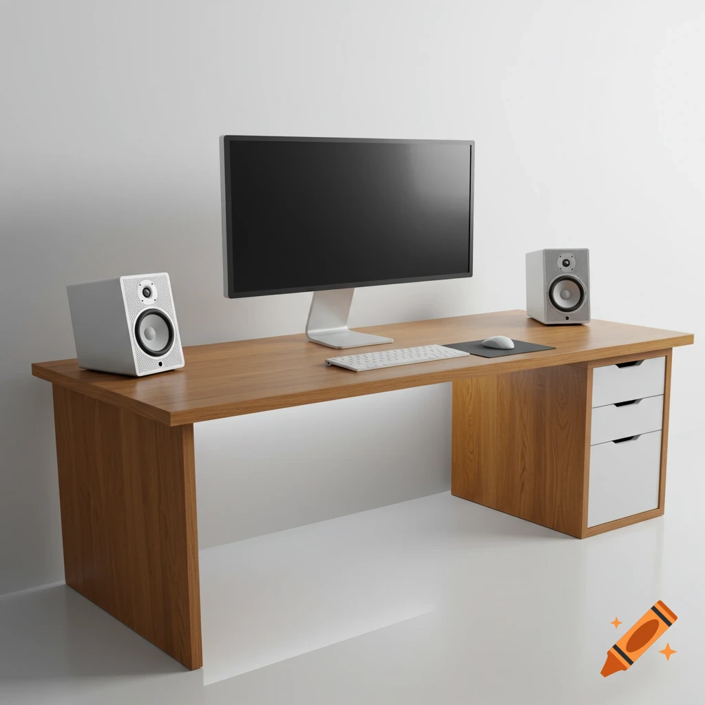 A minimalist wooden computer desk with a black monitor, white speakers, keyboard, and mouse on a stark white background.