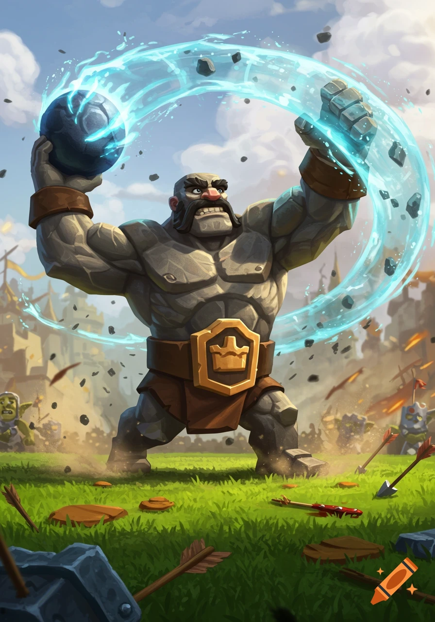 A muscular stone warrior throws a glowing sphere on a battlefield, surrounded by debris and goblins, in a vibrant cartoon game art style.