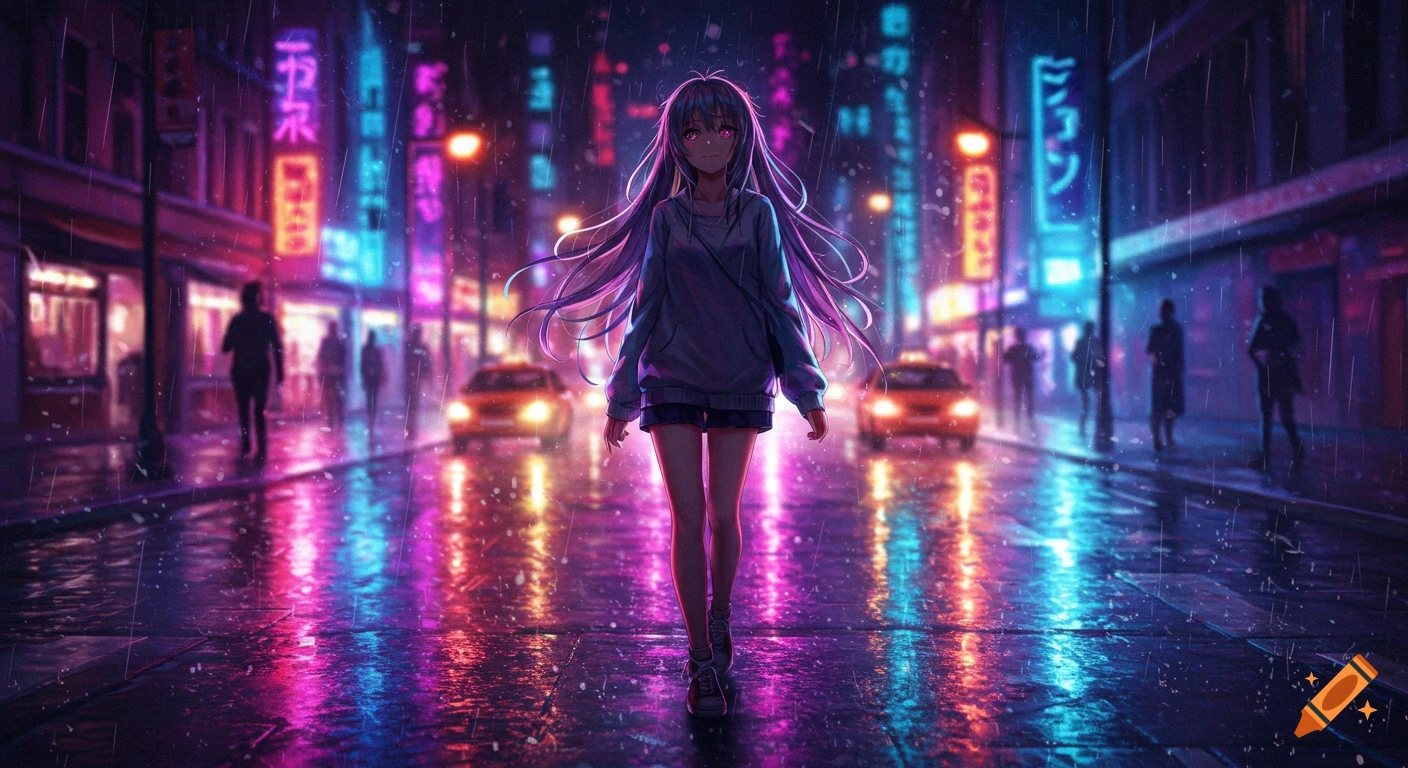 Anime girl walks confidently down a neon-lit city street at night, with rain and vibrant reflections.