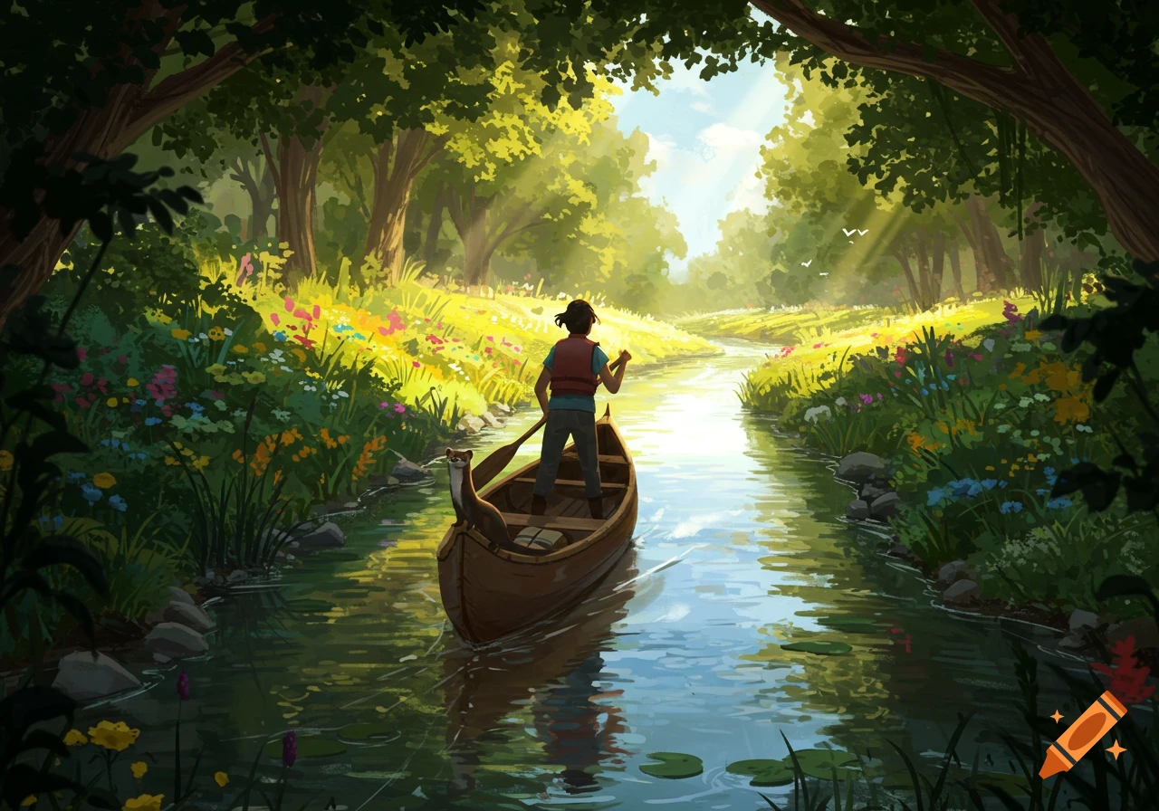 A person paddles a boat with a weasel down a sunny river through a lush green forest with wildflowers, in an illustration style.