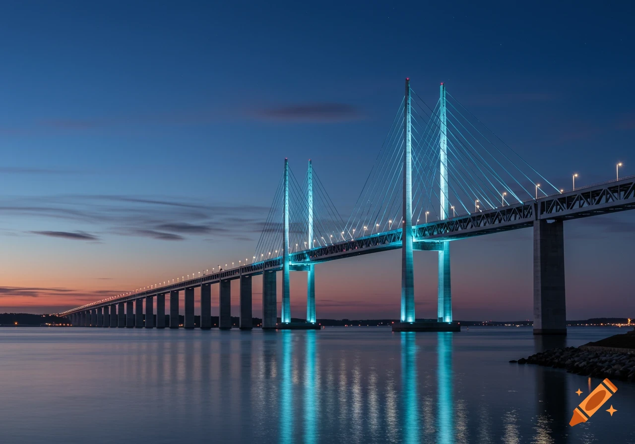 A long, illuminated cable-stayed bridge with blue lights crosses over dark water at twilight, under a deep blue sky.