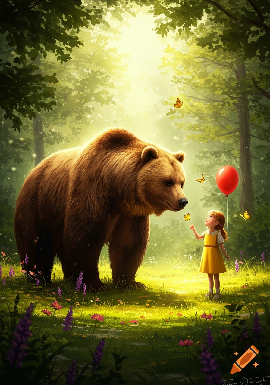 A whimsical illustration of a young girl in a yellow dress looking up at a large brown bear in a sunlit forest, surrounded by butterflies and holding a red balloon.
