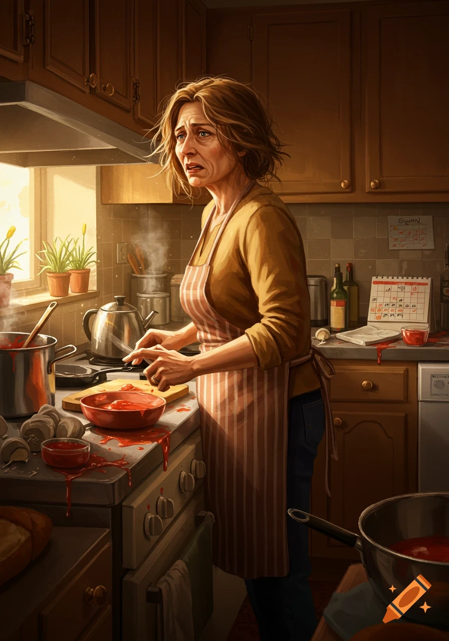 A frustrated woman in an apron cutting food in a messy kitchen with spilled tomato sauce, in an artistic style.