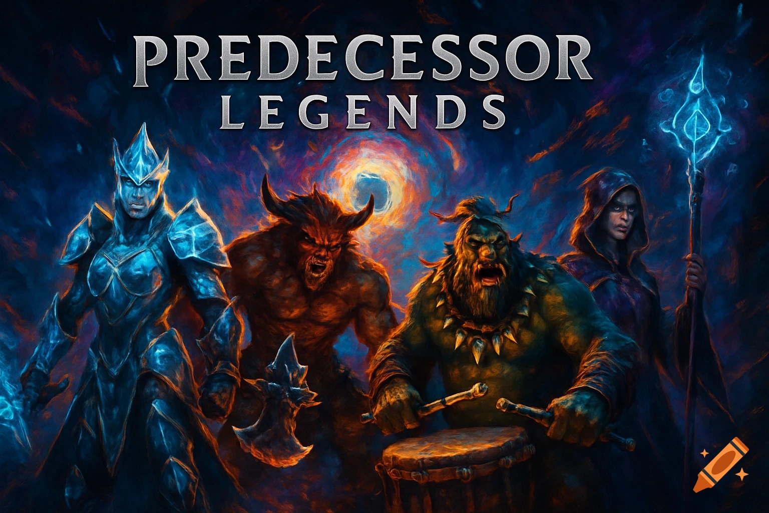 Four fantasy game characters including an armored warrior, a demon, an orc drummer, and a hooded wizard below 'Predecessor Legends'.