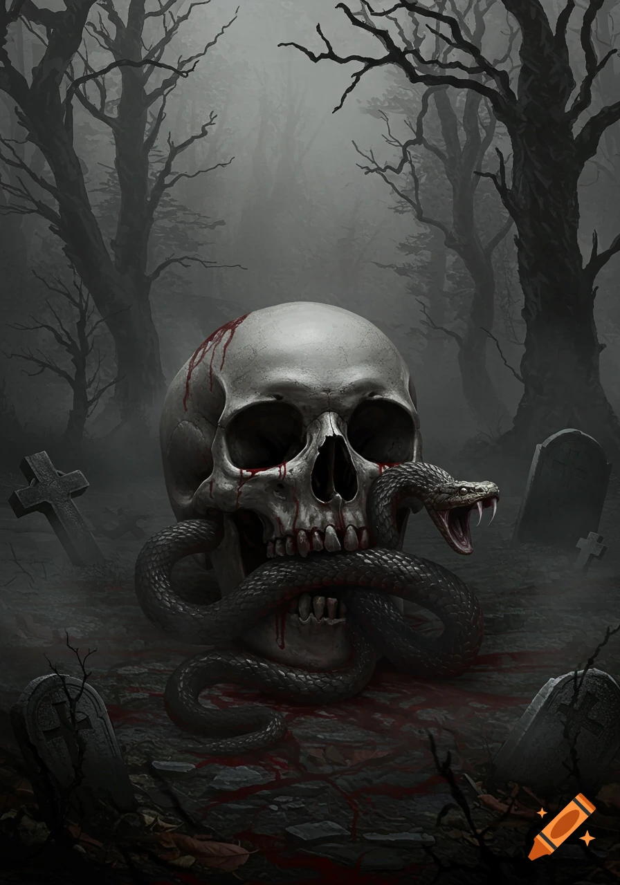 A blood-splattered skull in a foggy graveyard with a snake emerging from its mouth, surrounded by dark trees and gravestones, gothic art.