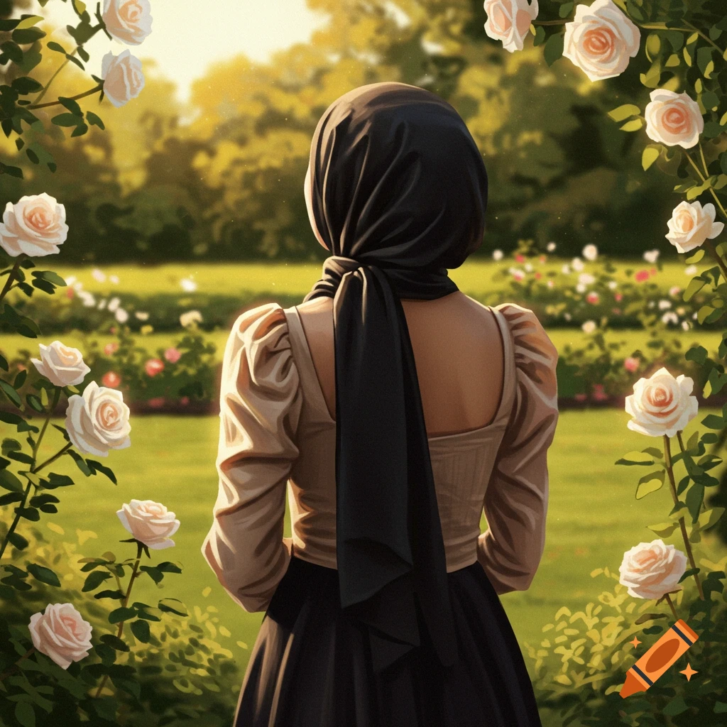 Woman in black hijab and beige puff-sleeve top, seen from behind, looking out into a sunny rose garden.