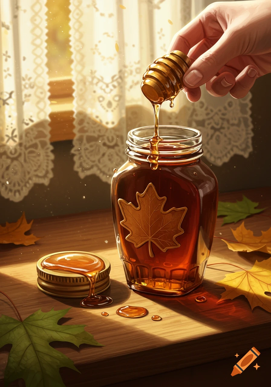 A hand pours golden maple syrup from a dipper into a carved jar on a wooden surface with autumn leaves and sunlight through a lace curtain.