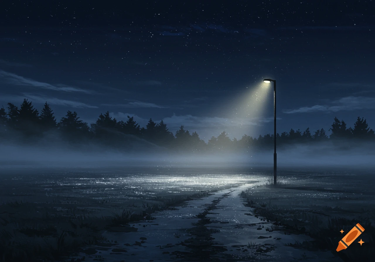 A lone street light illuminates a foggy, wet field and a dirt path at night, with dark trees in the background under a starry sky.