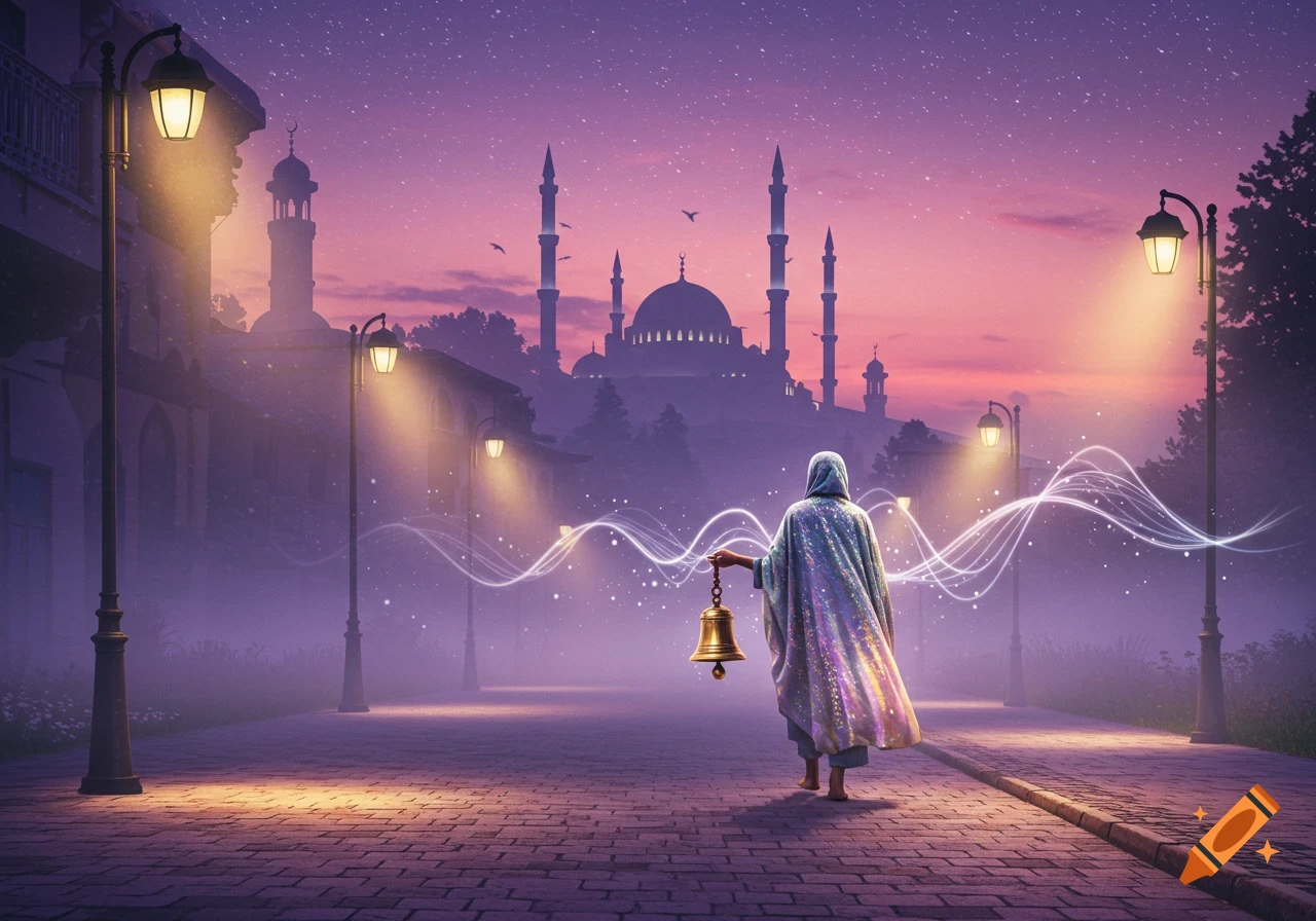 A cloaked figure walks down a cobblestone street at dawn, holding a bell, with a mosque in the background under a starry purple and pink sky.