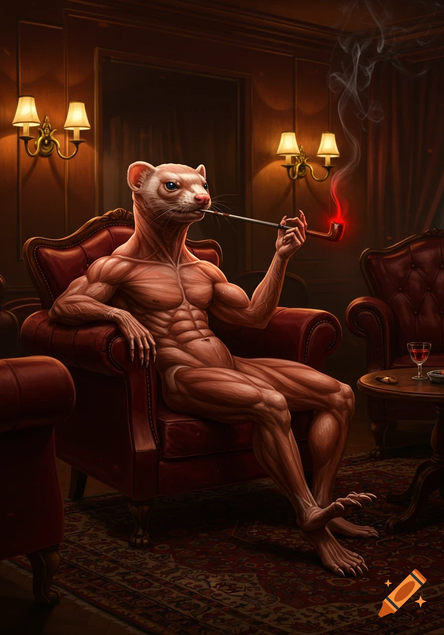 Muscular, skinless ferret humanoid smoking a glowing pipe, reclining in a red armchair in a dim cigar lounge, digital art.