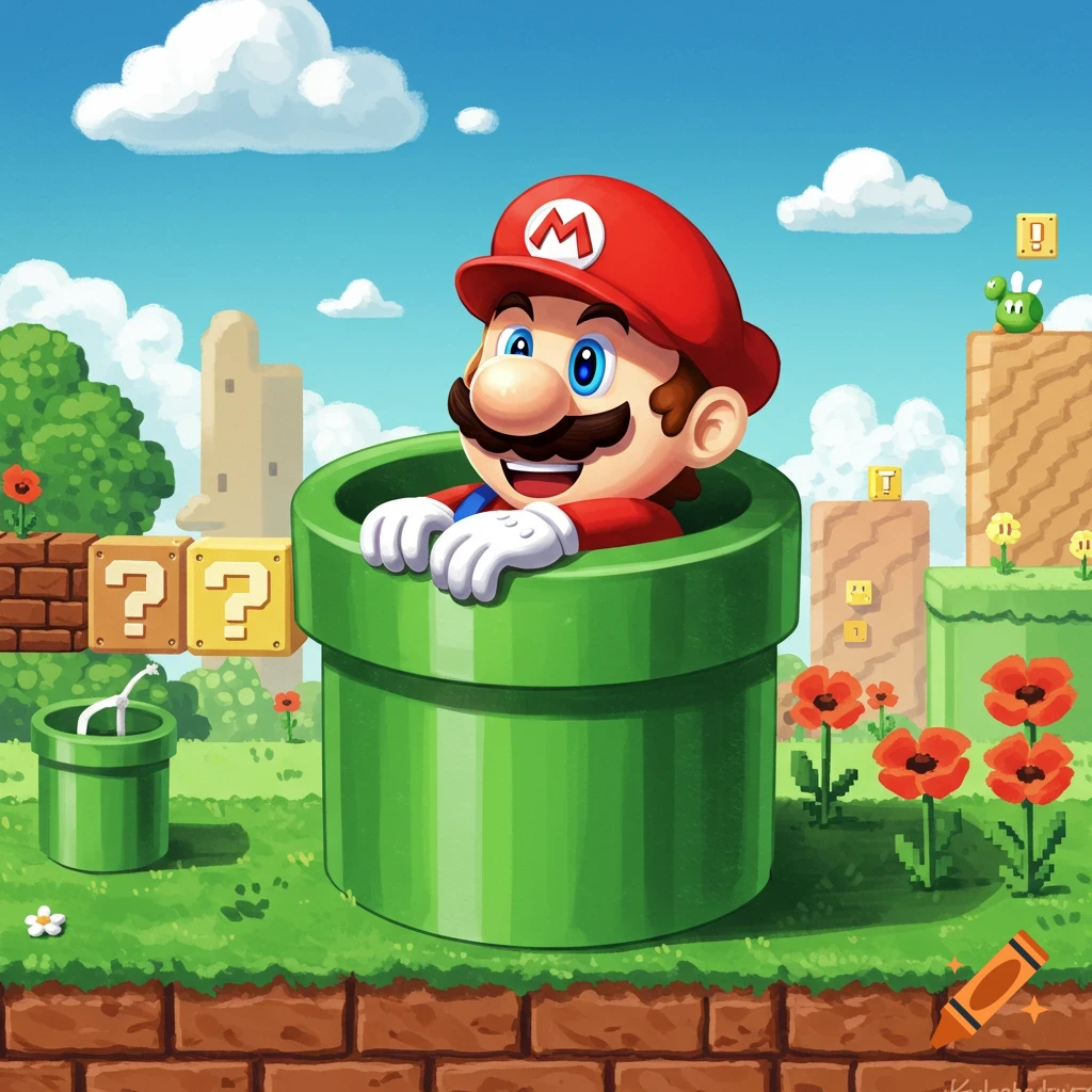 Super Mario smiles from inside a green pipe in a colorful, cartoon-style depiction of a classic Super Mario Bros. level.