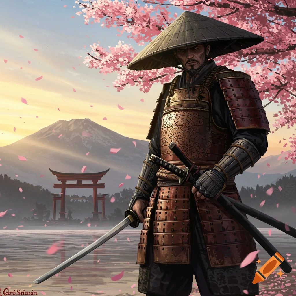 A samurai warrior in traditional armor holds a katana, standing beneath cherry blossoms with Mount Fuji and a torii gate in the background, digital painting.