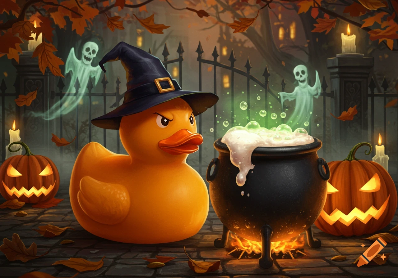 Angry rubber duck in a witch hat, bubbling cauldron, glowing jack-o'-lanterns, and ghosts in a spooky Halloween night scene, digital art.