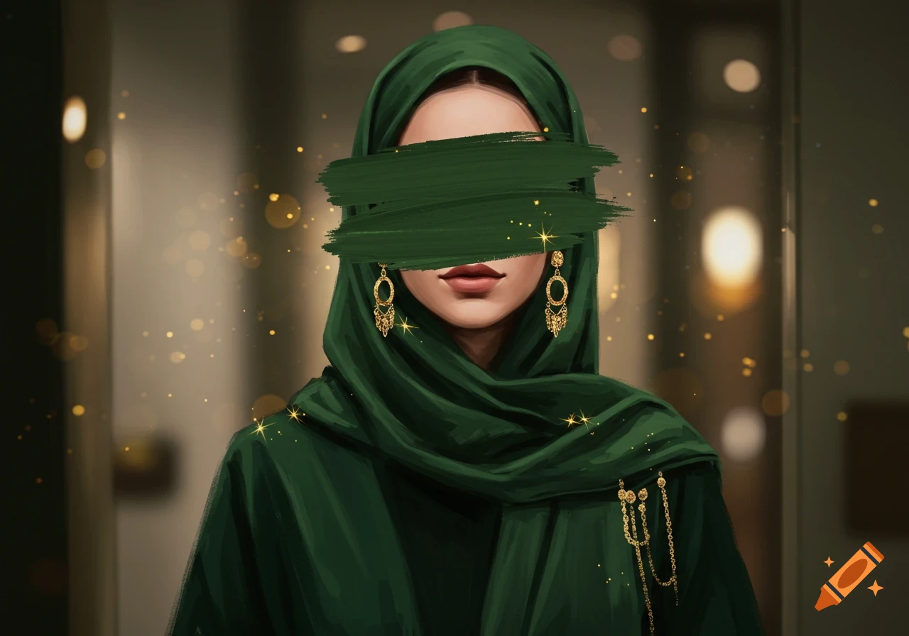 A digital illustration of a woman in a green hijab and abaya, adorned with gold earrings and a gold chain, her eyes obscured by a green brush stroke.