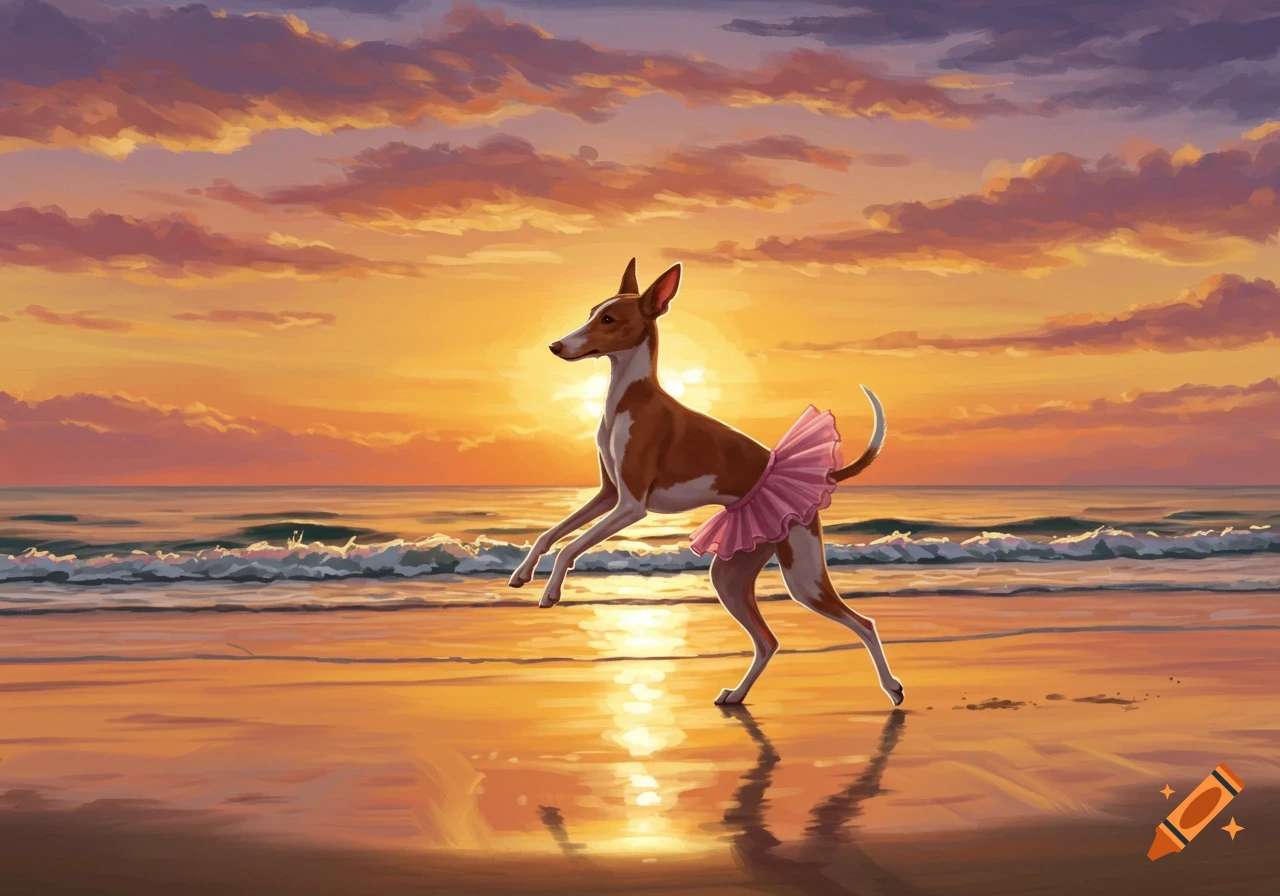 An illustrated Podenco dog wearing a pink tutu prances on a beach at sunset with waves crashing.
