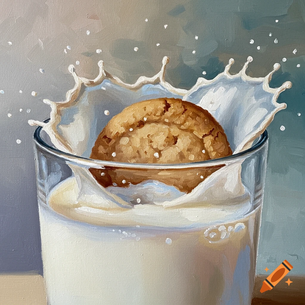 An impressionistic painting of a cookie splashing into a glass of milk, creating white splashes and droplets.