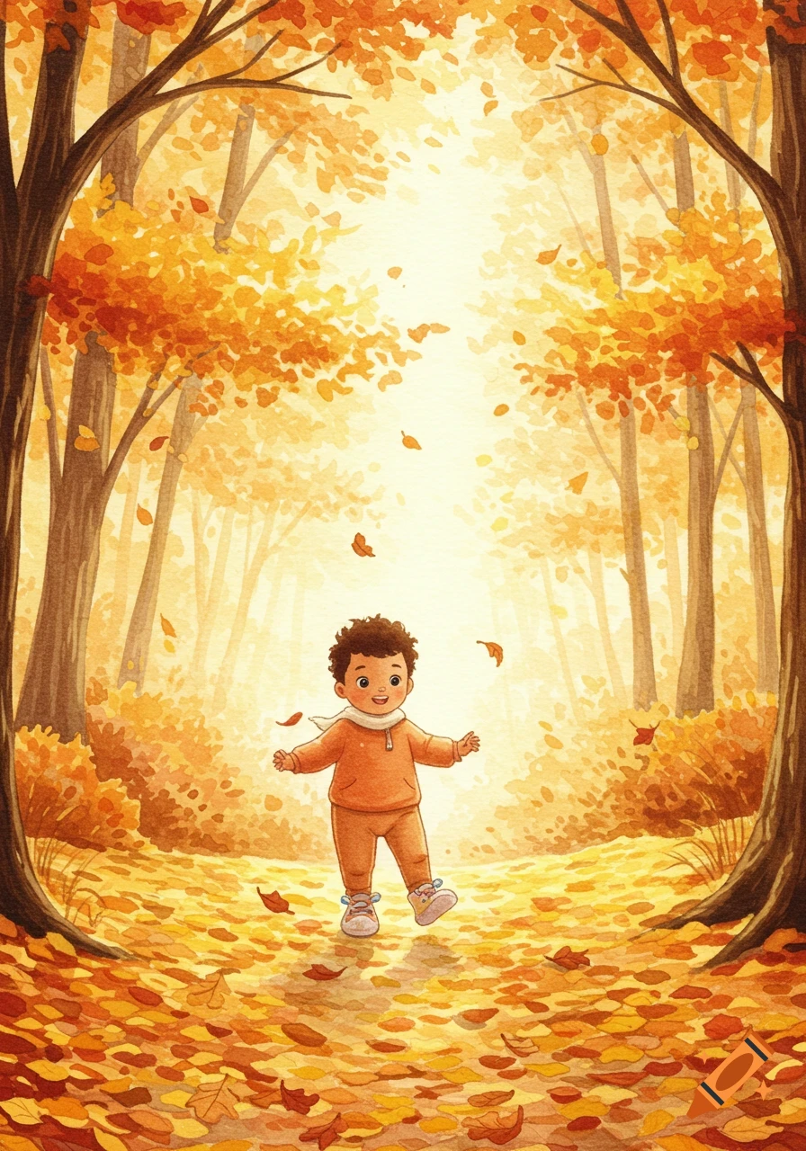 Watercolor illustration of a toddler walking through a bright autumn forest covered in golden leaves.