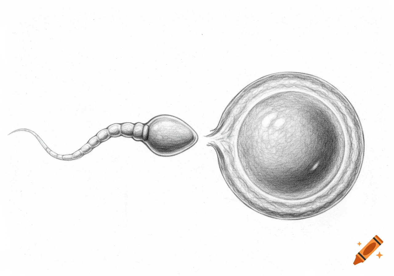 A pencil drawing of a sperm cell approaching an egg cell.
