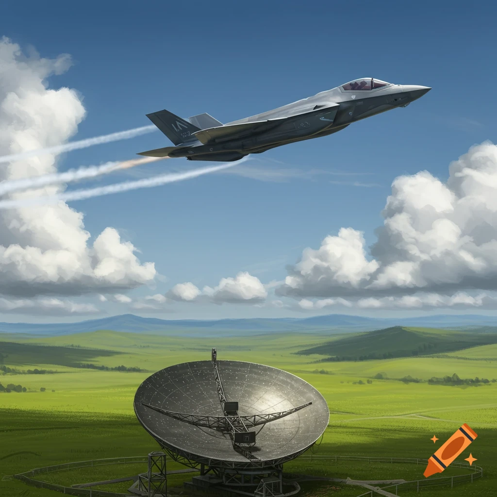 A gray F-35 fighter jet flies through a blue sky with contrails above a large radar dish in a green, hilly landscape on a sunny day.
