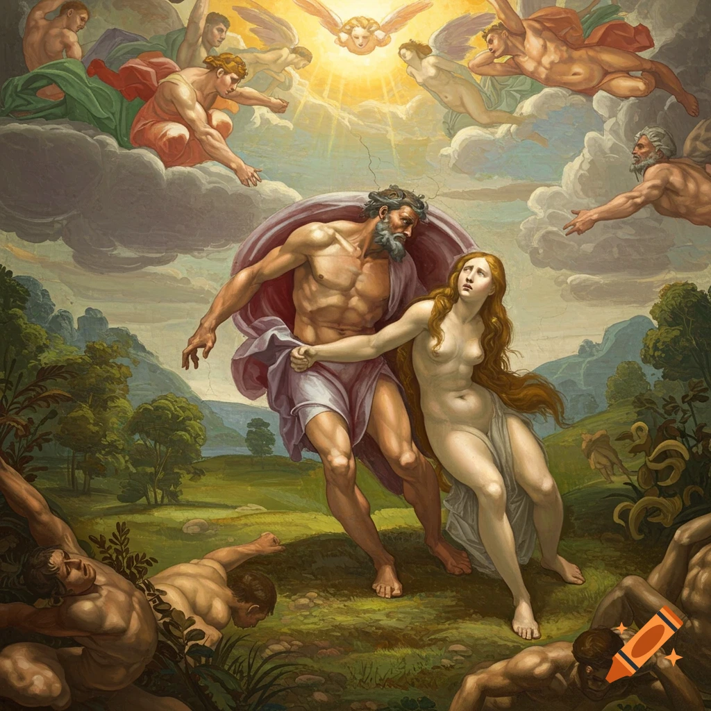 Classical painting of Adam and Eve being expelled from Eden by an angel, with other figures in a dramatic scene.