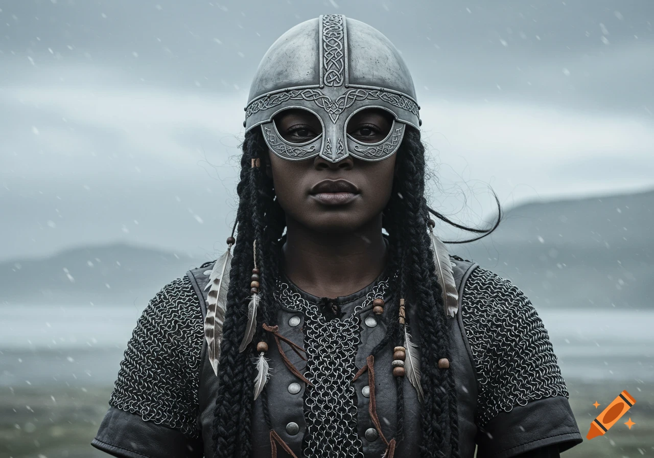 A dark-skinned woman with braided hair wears a detailed silver viking helmet and chainmail, staring intensely forward in a snowy landscape.