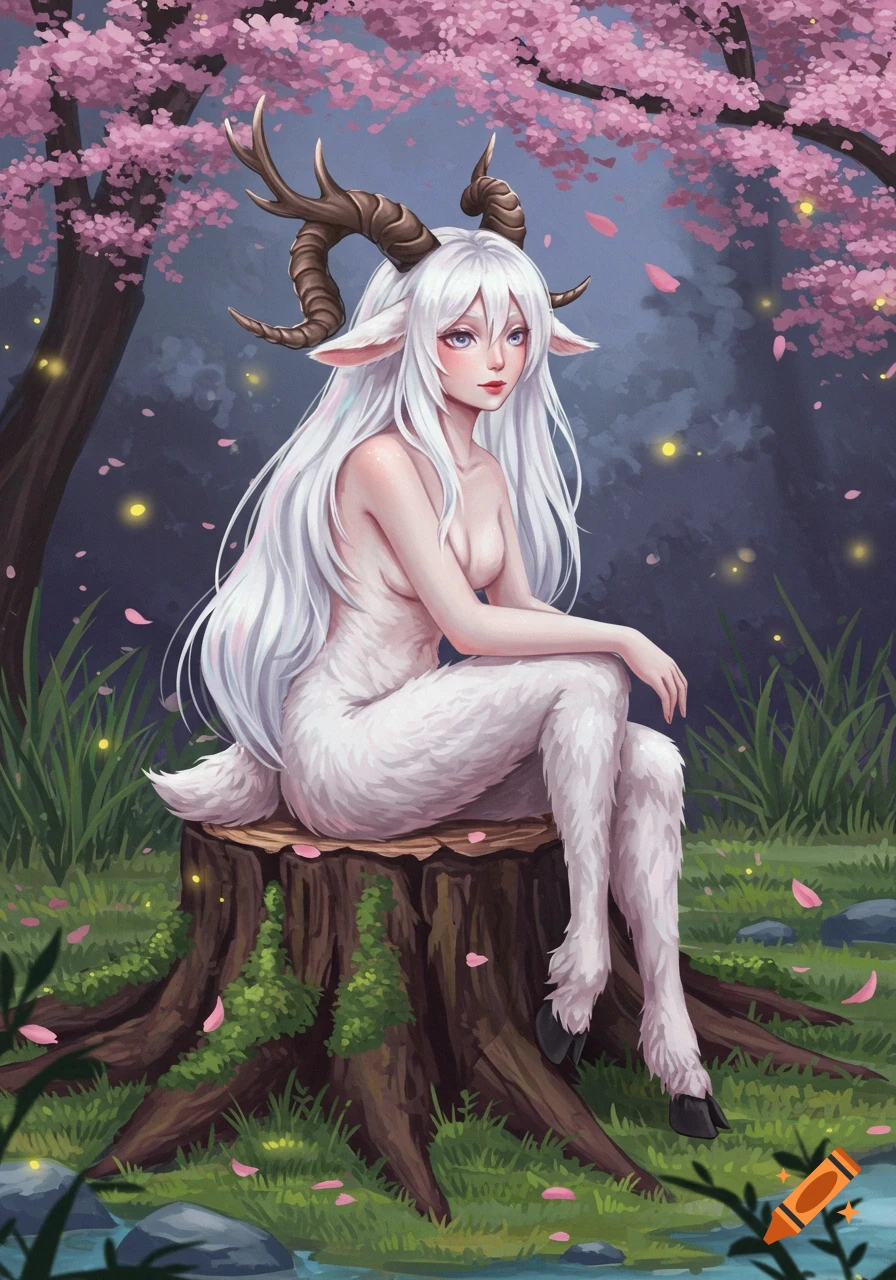 An anime-style albino goat woman satyr with long white hair and horns sits on a tree stump under a cherry blossom tree in a forest.