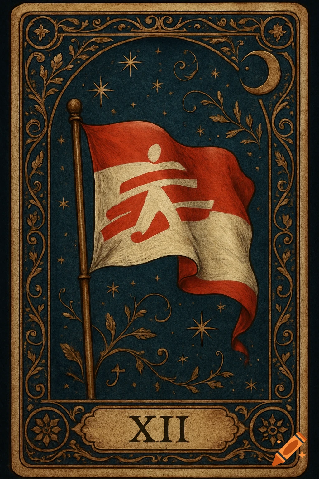 Ornate vintage tarot card featuring a flag with a red and white stylized human figure, a moon, stars, and Roman numeral XII.
