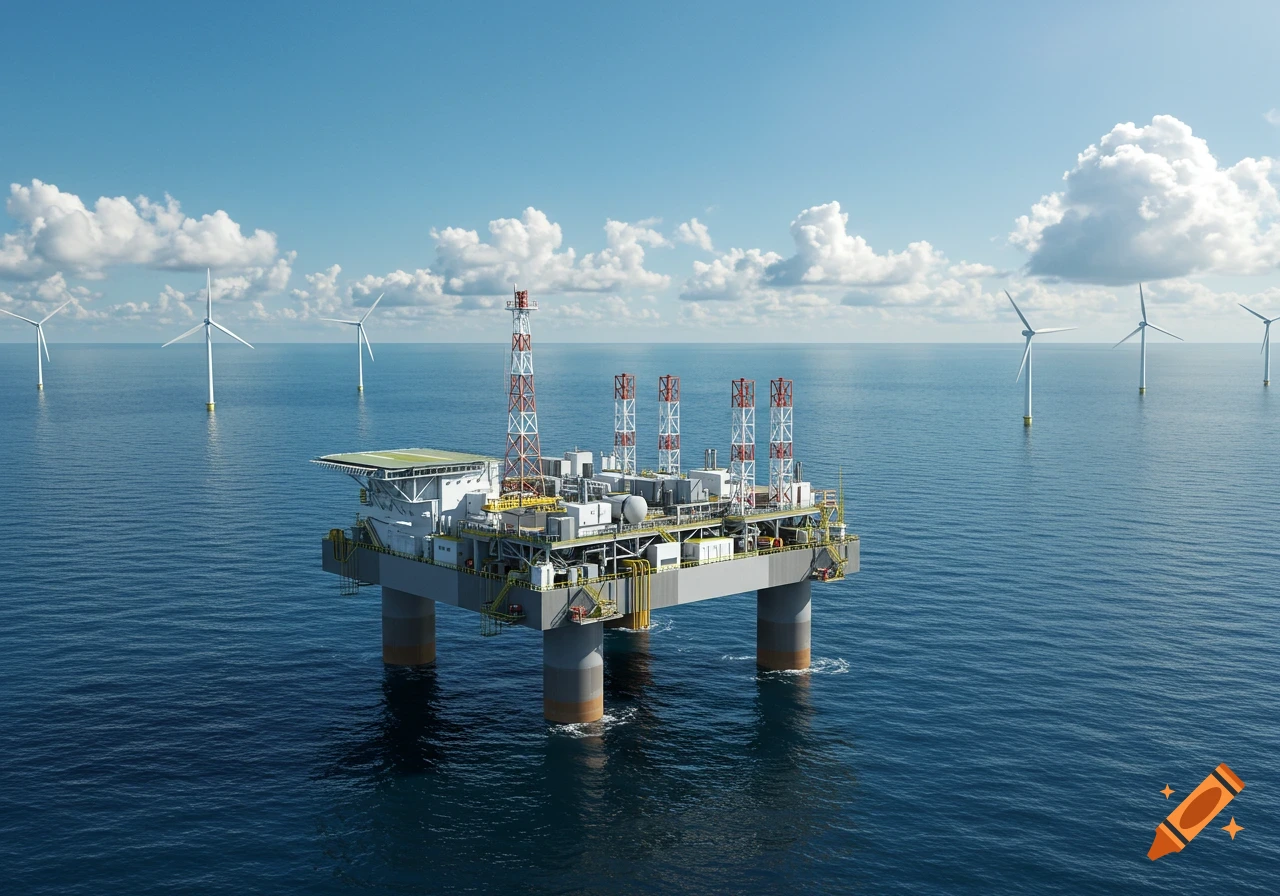 A photorealistic image of an offshore platform surrounded by wind turbines in a calm blue sea under a partly cloudy sky.