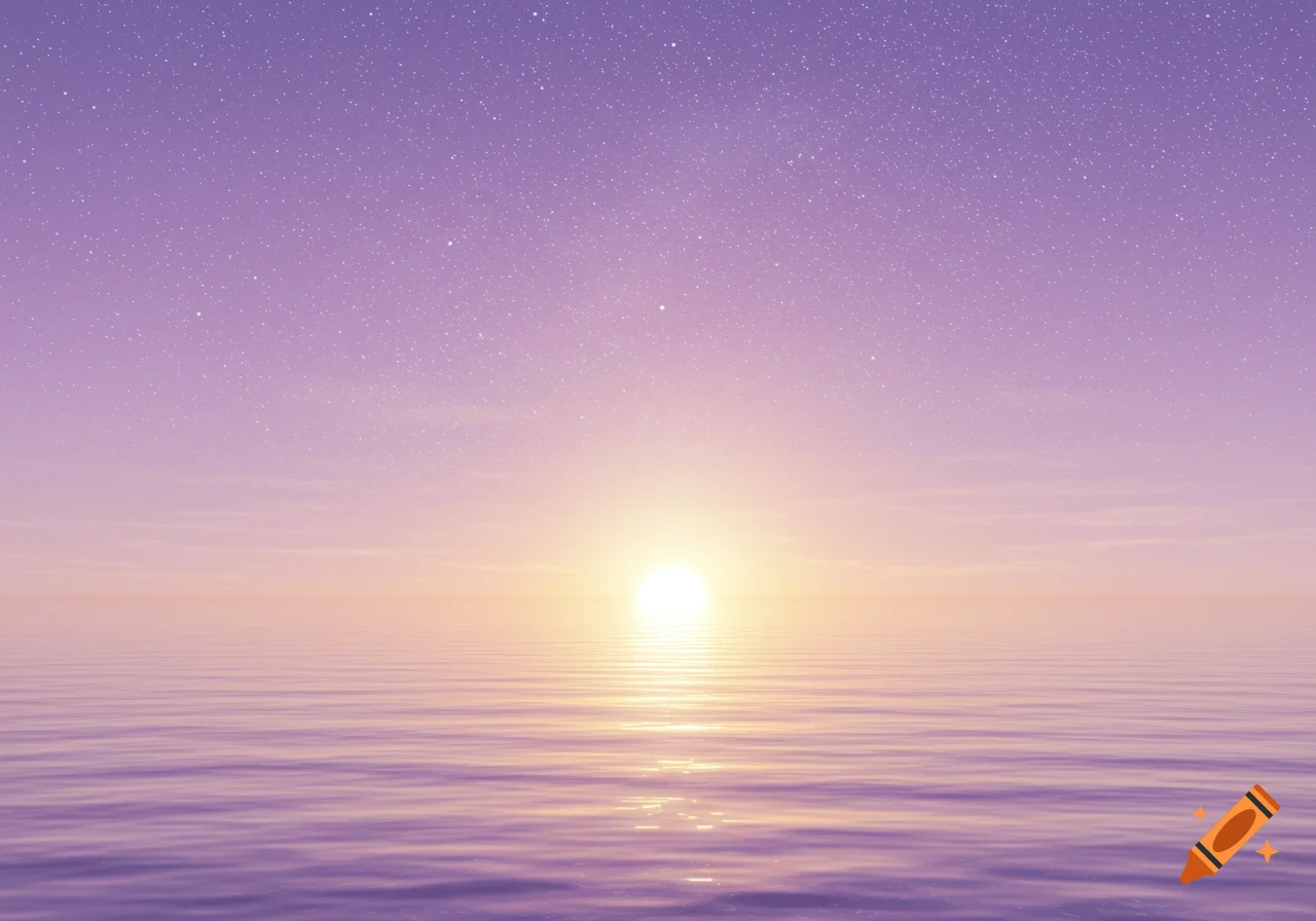 A mystical sunset over the ocean with a glowing sun reflecting on calm purple water under a lilac and starry sky.