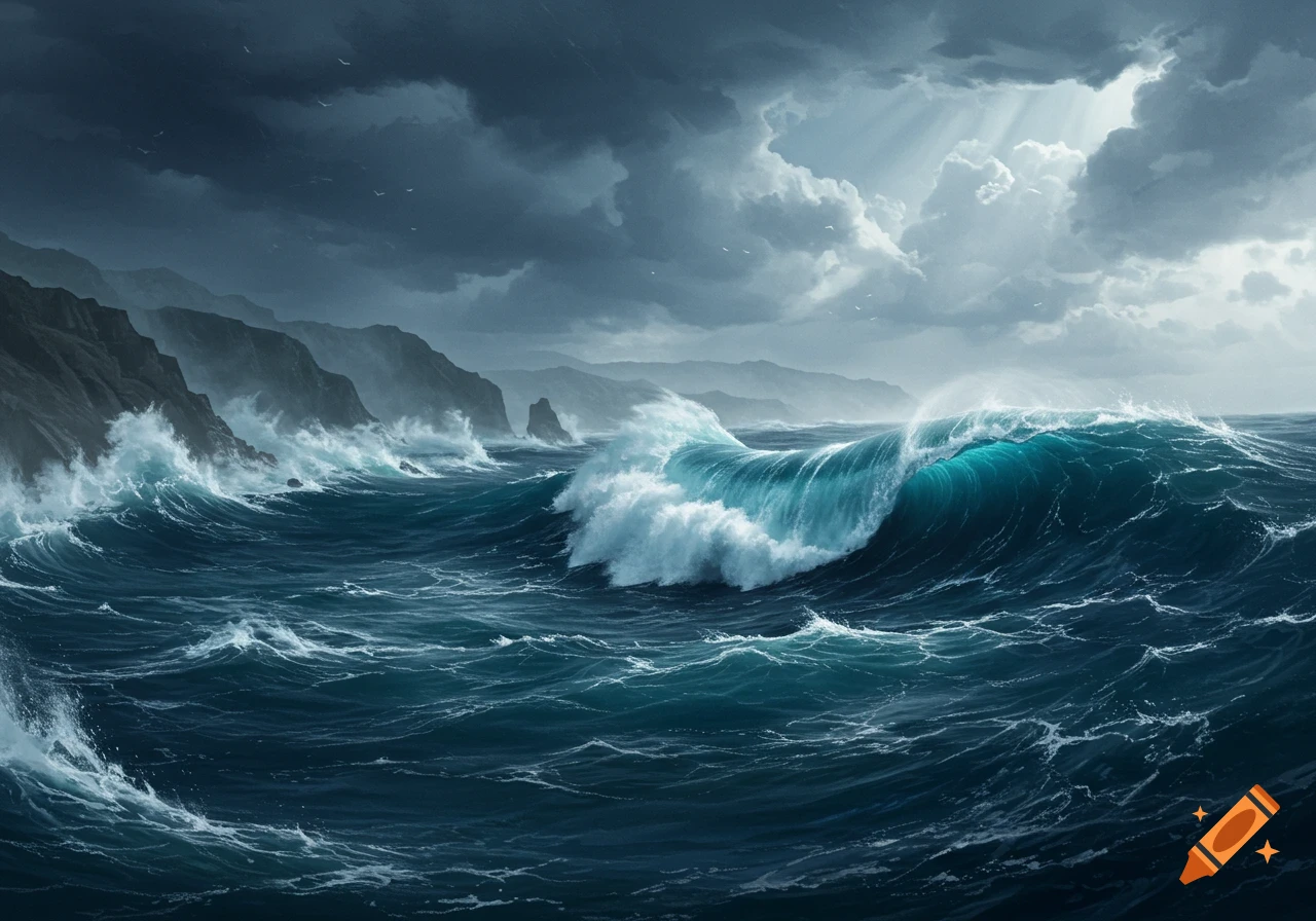 Dramatic stormy ocean with large waves crashing against dark cliffs under a cloudy sky.