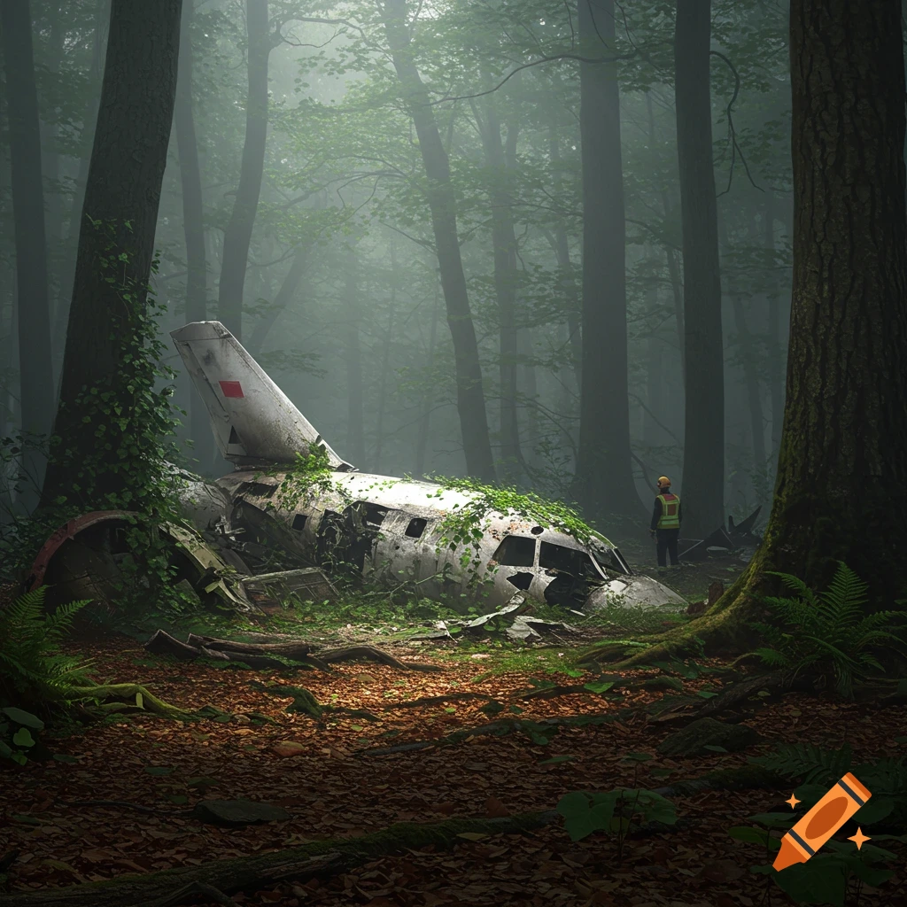 Photorealistic image of a plane wreck overgrown with ivy in a misty forest, with a person in a safety vest observing.