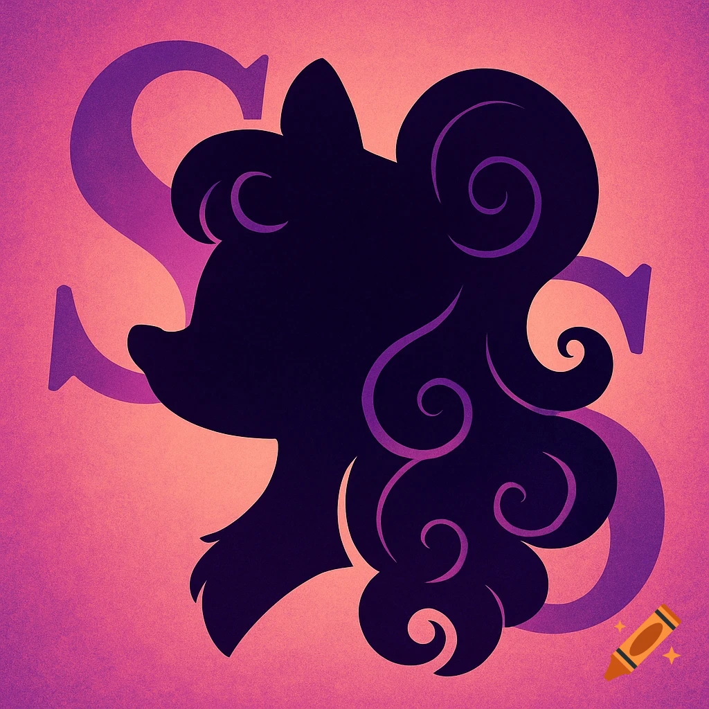 Purple squirrel head silhouette with curly hair against a pink and purple gradient, featuring two large purple 'S' letters.