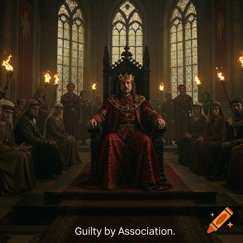 A king in red robes sits on a throne in a grand medieval hall with subjects. Text reads "Guilty by Association."
