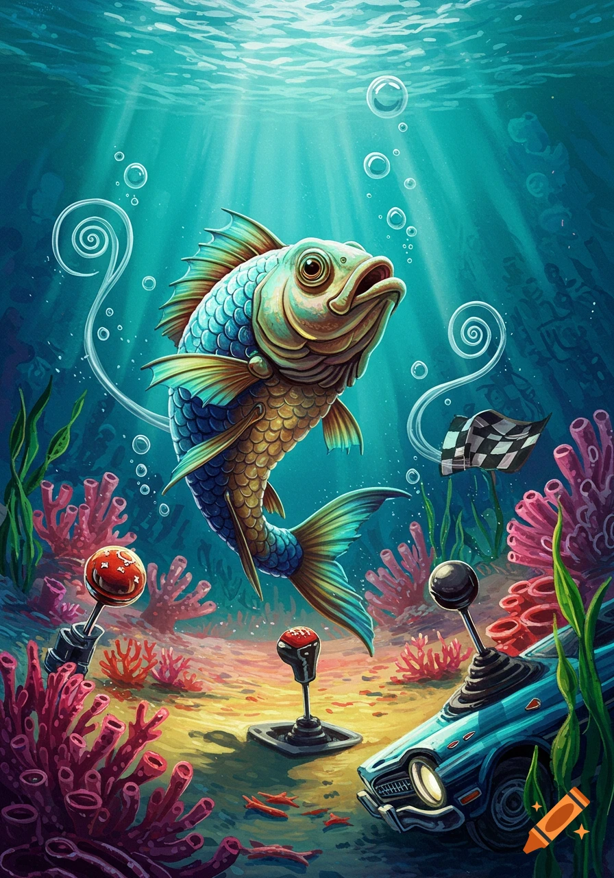 Vibrant illustration of a whimsical fish underwater among coral, bubbles, a checkered flag, gear shifters, and a car front.