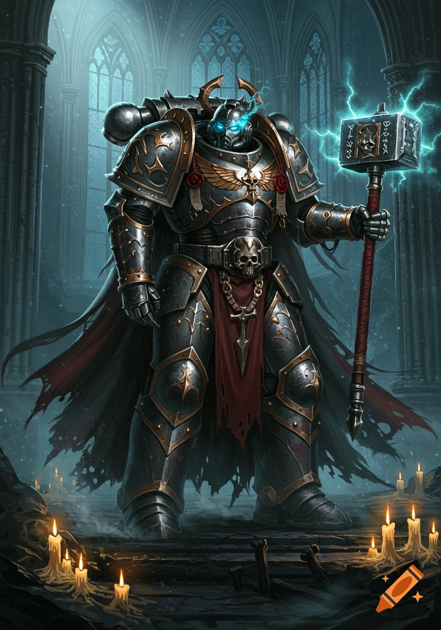 A formidable armored Warhammer 40k warrior with glowing eyes stands in a gothic hall, holding a lightning-infused hammer amidst scattered candles.