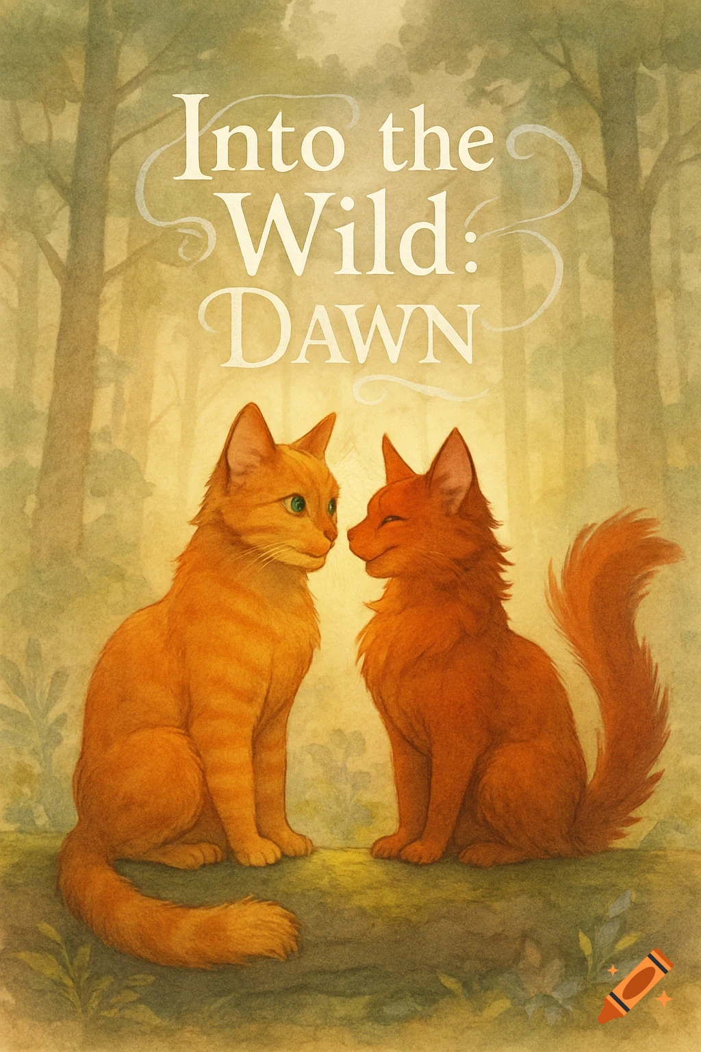 Two orange cats sit facing each other in a forest, under the title 'Into the Wild: Dawn' in a watercolor style.