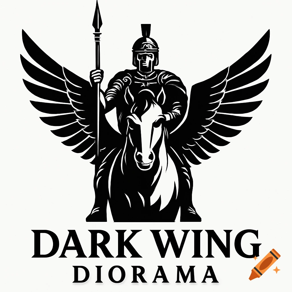 Black and white logo of a winged knight on a Pegasus holding a spear, with 'DARK WING DIORAMA' text below.