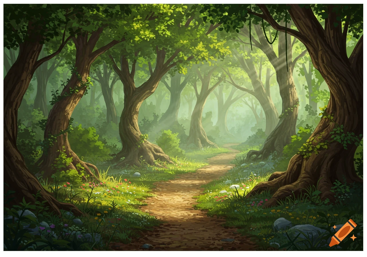 A sunlit path winding through a lush, green fantasy forest with tall trees and wildflowers, in an illustrative style.