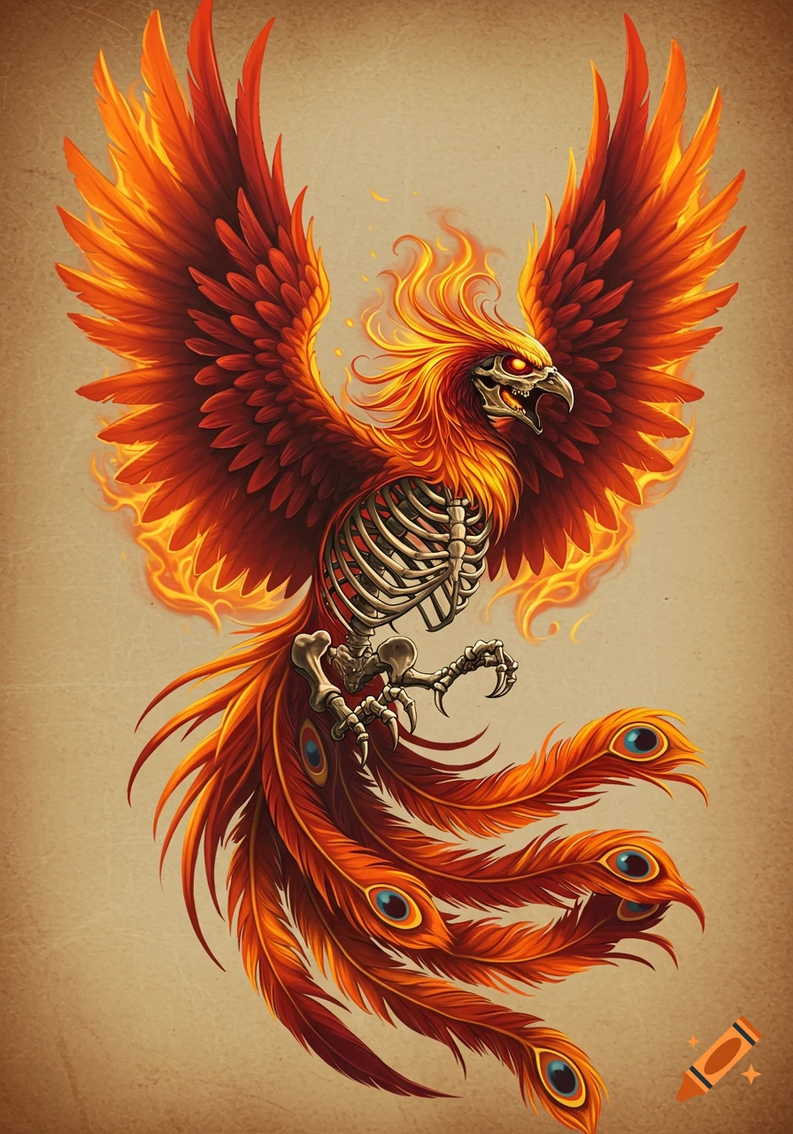 A vibrant half-skeleton phoenix with fiery wings and a detailed feather tail in a stylized tattoo art style.