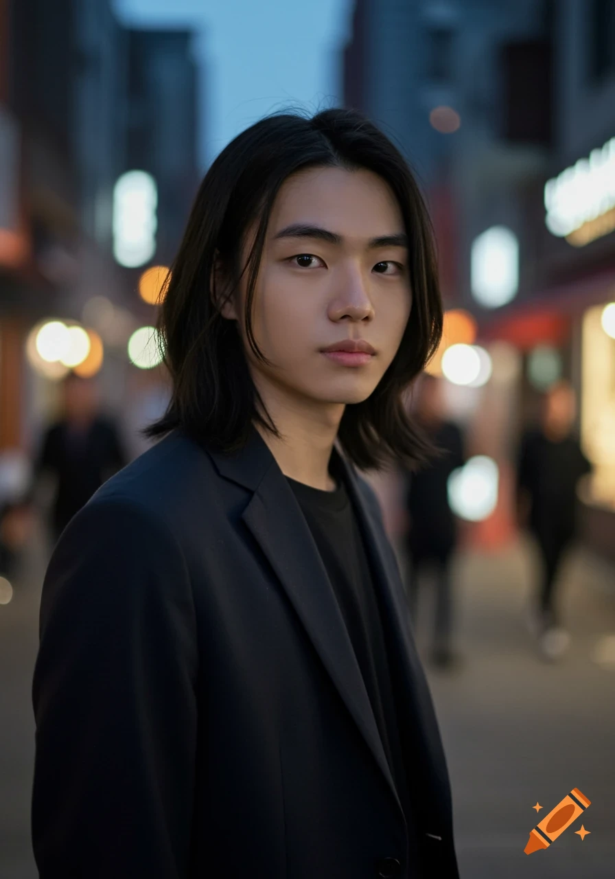 Handsome young Korean man with long black hair and a dark jacket looks forward in a dimly lit city street at night, photorealistic style.