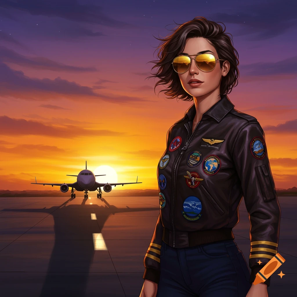 A female pilot in a leather jacket and sunglasses stands on a runway at sunset with an airplane behind her in a vibrant illustration.